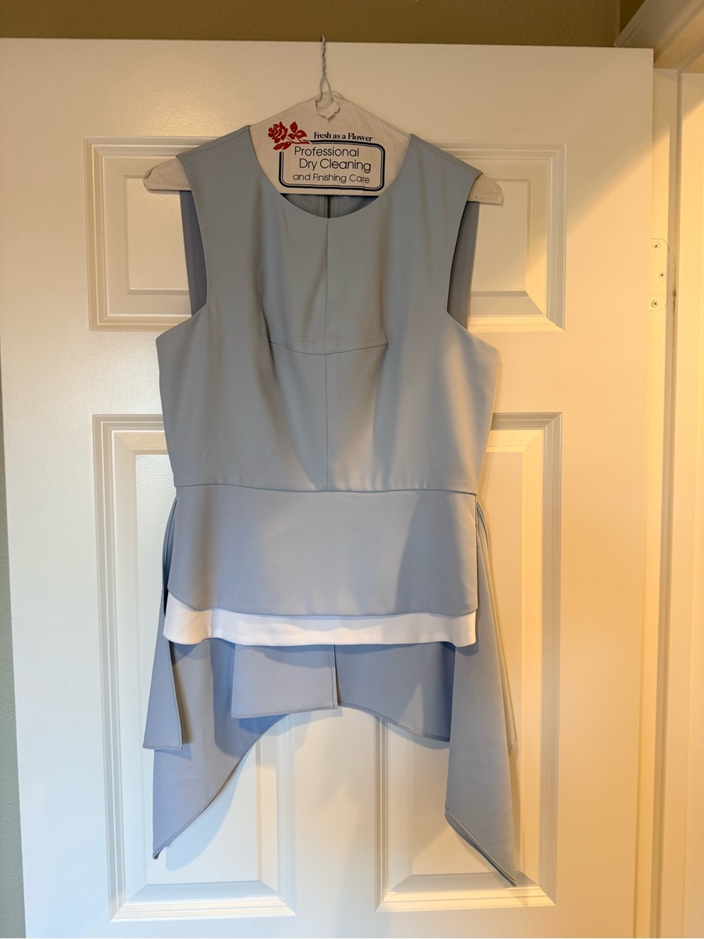 BCBGMaxAzria Powder Blue Sleeveless Layered Peplum Top with White Trim